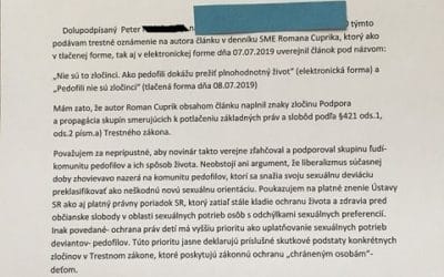 Objavili sa prvé trestné oznámenia na redaktora denníka SME za podporu a propagáciu pedofílie.