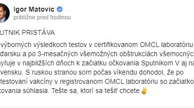 Ruská vakcína: Schyľuje sa k očkovaniu Sputnikom na Slovensku, tvrdí Matovič.