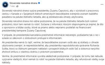 SNS vyzvala prezidentku,aby zverejnila zoznam pasažierov z cesty do USA a Kanady.